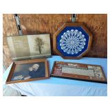 Framed Artworks including Serenity Prayer, Tree Print, Praying Man, and Doily Art