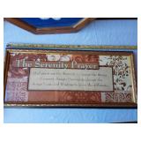 Framed Artworks including Serenity Prayer, Tree Print, Praying Man, and Doily Art