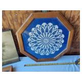 Framed Artworks including Serenity Prayer, Tree Print, Praying Man, and Doily Art