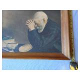 Framed Artworks including Serenity Prayer, Tree Print, Praying Man, and Doily Art