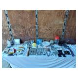 Assorted Hardware and Electrical Components including Plates, Hinges, Chains, and Accessories