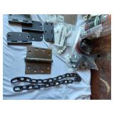 Assorted Hardware and Electrical Components including Plates, Hinges, Chains, and Accessories