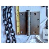 Assorted Hardware and Electrical Components including Plates, Hinges, Chains, and Accessories