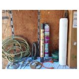 Garden Tools and Supplies including Hose Reel, Weed Barrier, and Sprinklers