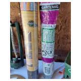 Garden Tools and Supplies including Hose Reel, Weed Barrier, and Sprinklers