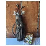 Golf equipment set including Johnny Miller Signature irons, wooden drivers, and a bag with assorted golf balls