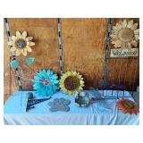 Garden and Decorative Items including Metal Flowers, Welcome Sign, and Angel Statue