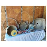 Vintage Metal Items including Galvanized Buckets, Watering Can, Gear, License Plate and Metal Rings