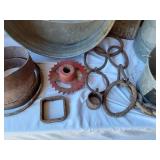 Vintage Metal Items including Galvanized Buckets, Watering Can, Gear, License Plate and Metal Rings