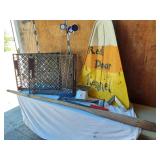 Assorted Items and Signage including Red Door Kennel Sign, Driveway Reflectors, Oar, METZ Baking Co. Crate, and Hand Tools