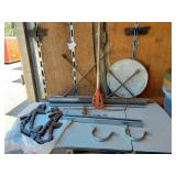 Assorted Farm Parts and Tools including Chains, Clamps, and Drill Bits