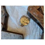 Assorted Farm Parts and Tools including Chains, Clamps, and Drill Bits