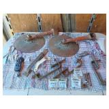 Assorted Farm and Workshop Items including Disc Harrow Blades, Bolts, Handles, and Hardware