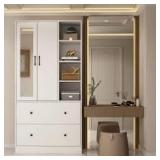 FUFU&GAGA White Wood Armoires Wardrobe W/Mirror, Pulling Hanging Rod, Drawers and Shelves( 15.8 in. D x 35.5 in. W x 70.8 in. H) Customer Returns See Pictures