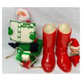 Vintage Christmas Collection of Annalee Santa Claus Doll "Good Boys and Girls", Christmas Pixie/Knee Hugger Elf from Japan and Pair of Santa Boots 5" H Vintage Christmas Collection of Annalee Santa Claus Doll "Good Boys and Girls", Christmas Pixie/Knee Hugger Elf from Japan and Pair of Santa Boots 5" H