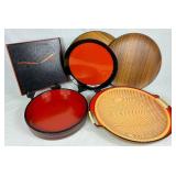Japanese Tray Collection - Double Walled Soba Tray, Two Teak Serving Trays,  Two Red & Black Lacquered Round Trays and Square Hand Painted Black Tray Japanese Tray Collection - Double Walled Soba Tray, Two Teak Serving Trays,  Two Red & Black Lacquered Round Trays and Square Hand Painted Black Tray