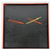 Japanese Tray Collection - Double Walled Soba Tray, Two Teak Serving Trays,  Two Red & Black Lacquered Round Trays and Square Hand Painted Black Tray Japanese Tray Collection - Double Walled Soba Tray, Two Teak Serving Trays,  Two Red & Black Lacquered Round Trays and Square Hand Painted Black Tray