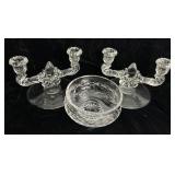 Vintage Waterford Crystal Footed Bowl and  Set of Two  New Martinsville Depression Glass Double Candlestick Holders Vintage Waterford Crystal Footed Bowl and  Set of Two  New Martinsville Depression Glass Double Candlestick Holders