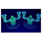 Vintage Waterford Crystal Footed Bowl and  Set of Two  New Martinsville Depression Glass Double Candlestick Holders Vintage Waterford Crystal Footed Bowl and  Set of Two  New Martinsville Depression Glass Double Candlestick Holders