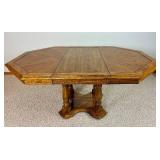 Mid Century Octagonal Dining Table with Leaf and Four Vinyl Barrel Chairs on Wheels Mid Century Octagonal Dining Table with Leaf and Four Vinyl Barrel Chairs on Wheels