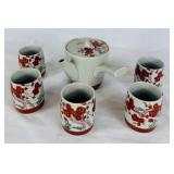 Vintage Kutaniware Japanese Tea Set - Set of 6- Red and Gold Floral Vintage Kutaniware Japanese Tea Set - Set of 6- Red and Gold Floral