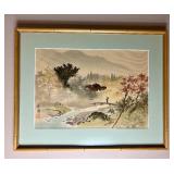Framed Japanese Watercolor Prints featuring Mountain Landscape and Village Scenes Framed Japanese Watercolor Prints featuring Mountain Landscape and Village Scenes