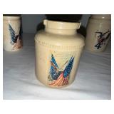 Set of 4 Patriotic Antique English Ironstone Jars with Eagle and Flag Motifs Set of 4 Patriotic Antique English Ironstone Jars with Eagle and Flag Motifs
