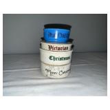 Set of 4 Vintage Christmas-Themed Ironstone and Blue Milk Glass Containers Set of 4 Vintage Christmas-Themed Ironstone and Blue Milk Glass Containers