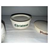 Set of 4 Vintage Christmas-Themed Ironstone and Blue Milk Glass Containers Set of 4 Vintage Christmas-Themed Ironstone and Blue Milk Glass Containers
