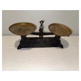 Antique French Roberval Cast Iron Balance Scale with Brass Weighing Pans Antique French Roberval Cast Iron Balance Scale with Brass Weighing Pans
