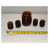 Vintage English Amber Glass Marmite Jars Set - 16 oz & Four 1 oz Collectibles Vintage English Amber Glass Marmite Jars Set - 16 oz & Four 1 oz Collectibles