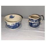 French Ironstone Stamped Blue and White Ceramic Jug and Bowl Collection French Ironstone Stamped Blue and White Ceramic Jug and Bowl Collection