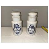 Set of 2 Vintage French Ceramic Apothecary Jars with Blue Floral Design Set of 2 Vintage French Ceramic Apothecary Jars with Blue Floral Design