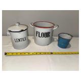 Vintage French Enamelware Set: Lentils Jar, Flour Pot, & Blue Cup Vintage French Enamelware Set: Lentils Jar, Flour Pot, & Blue Cup