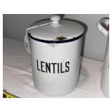Vintage French Enamelware Set: Lentils Jar, Flour Pot, & Blue Cup Vintage French Enamelware Set: Lentils Jar, Flour Pot, & Blue Cup