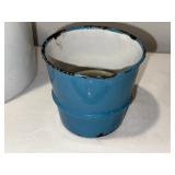 Vintage French Enamelware Set: Lentils Jar, Flour Pot, & Blue Cup Vintage French Enamelware Set: Lentils Jar, Flour Pot, & Blue Cup