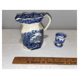 Blue & White English Ironstone Pitcher and Egg Cup Set with Scenic Design Blue & White English Ironstone Pitcher and Egg Cup Set with Scenic Design