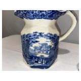 Blue & White English Ironstone Pitcher and Egg Cup Set with Scenic Design Blue & White English Ironstone Pitcher and Egg Cup Set with Scenic Design