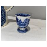 Blue & White English Ironstone Pitcher and Egg Cup Set with Scenic Design Blue & White English Ironstone Pitcher and Egg Cup Set with Scenic Design