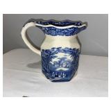 Blue & White English Ironstone Pitcher and Egg Cup Set with Scenic Design Blue & White English Ironstone Pitcher and Egg Cup Set with Scenic Design