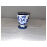 Blue & White English Ironstone Pitcher and Egg Cup Set with Scenic Design Blue & White English Ironstone Pitcher and Egg Cup Set with Scenic Design