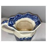 Blue & White English Ironstone Pitcher and Egg Cup Set with Scenic Design Blue & White English Ironstone Pitcher and Egg Cup Set with Scenic Design