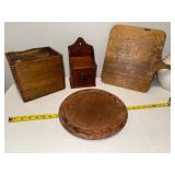Vintage Wooden Kitchenware Lot: Salt Box, Cutting Board, Decorative Trays Vintage Wooden Kitchenware Lot: Salt Box, Cutting Board, Decorative Trays
