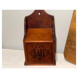 Vintage Wooden Kitchenware Lot: Salt Box, Cutting Board, Decorative Trays Vintage Wooden Kitchenware Lot: Salt Box, Cutting Board, Decorative Trays