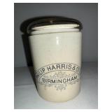Antique English Advertising Ironstone Philip Harris & Co. Jar with Glass Lid - Birmingham Antique English Advertising Ironstone Philip Harris & Co. Jar with Glass Lid - Birmingham