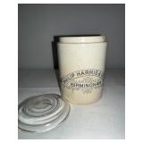 Antique English Advertising Ironstone Philip Harris & Co. Jar with Glass Lid - Birmingham Antique English Advertising Ironstone Philip Harris & Co. Jar with Glass Lid - Birmingham
