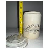 Antique English Advertising Ironstone Philip Harris & Co. Jar with Glass Lid - Birmingham Antique English Advertising Ironstone Philip Harris & Co. Jar with Glass Lid - Birmingham