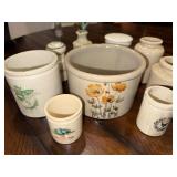 Lot of 9 Decorative Antique English Ironstone Crocks and Jars with Nature Motifs Lot of 9 Decorative Antique English Ironstone Crocks and Jars with Nature Motifs
