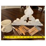 Vintage Ceramic Mug, Wooden Clothespins & Rustic Architectural Piece Vintage Ceramic Mug, Wooden Clothespins & Rustic Architectural Piece