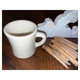 Vintage Ceramic Mug, Wooden Clothespins & Rustic Architectural Piece Vintage Ceramic Mug, Wooden Clothespins & Rustic Architectural Piece